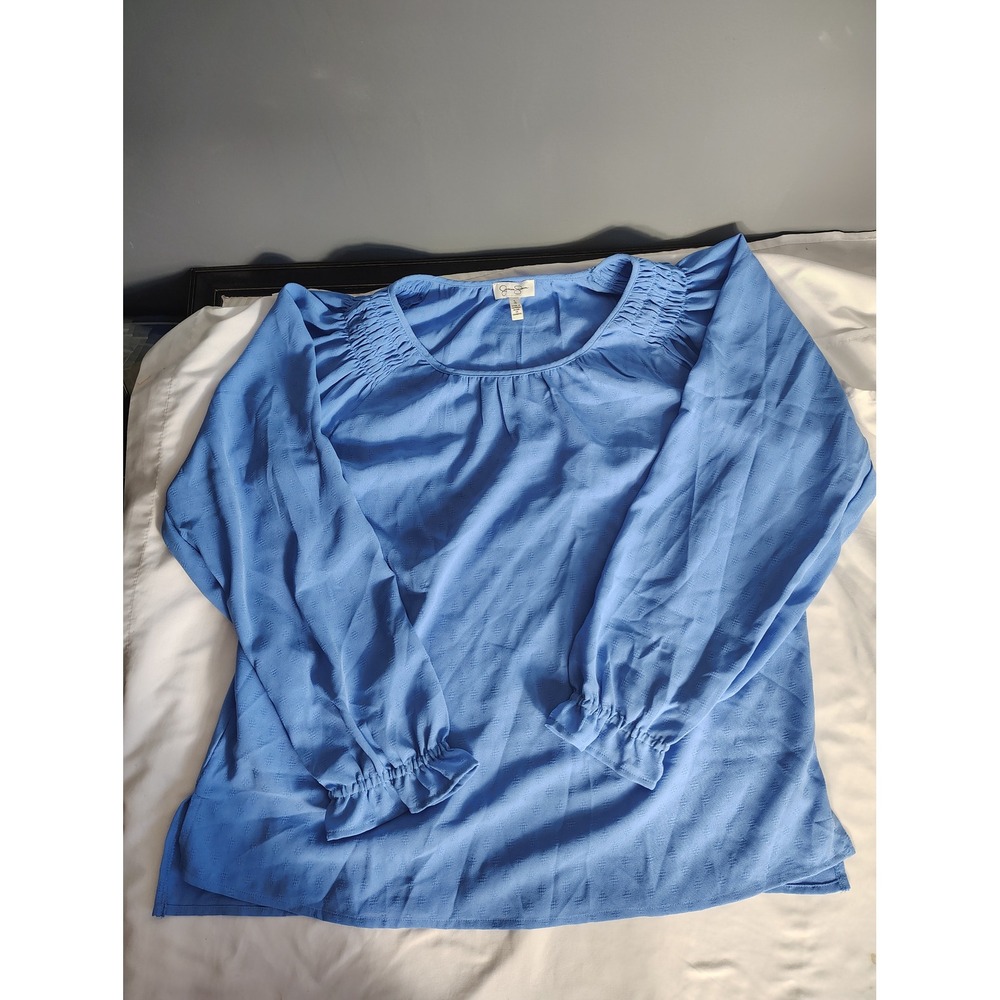 Jessica Simpson Blue Smocked Shoulder Blouse Ruffle Cuff Textured Top Large